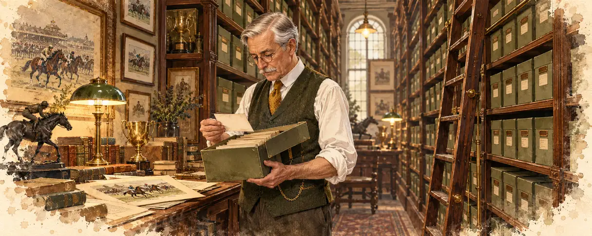 An elderly archivist in a green waistcoat reading an index card in a room of shelved document boxes