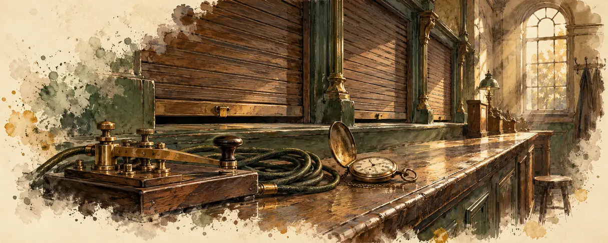 A brass telegraph key and an open pocket watch on an Edwardian telegraph office counter