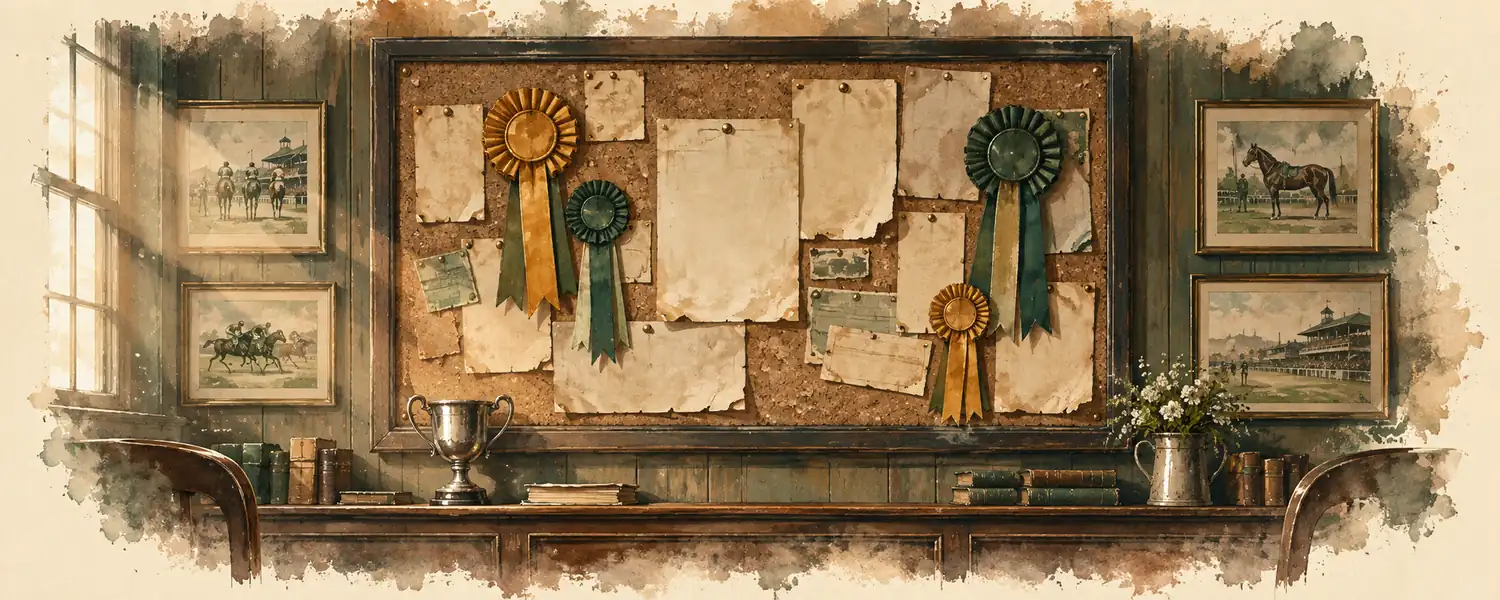 A cork noticeboard with faded prize rosettes above a shelf holding a silver trophy