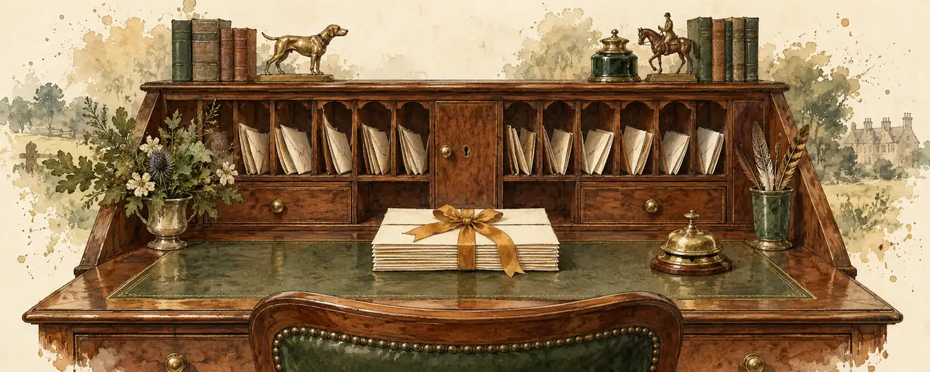 An antique writing bureau with pigeonholes of letters, a ribboned bundle and a brass desk bell