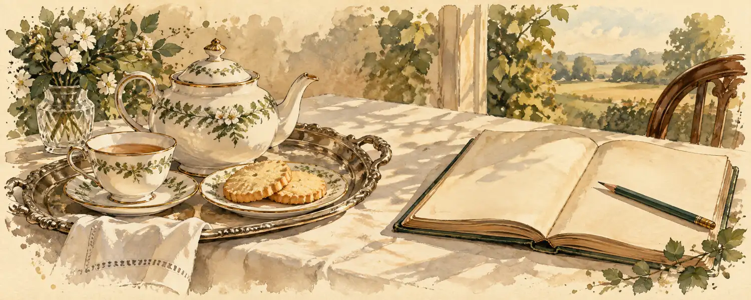 A silver tea tray with a teapot, a cup and shortbread biscuits beside an open blank ledger