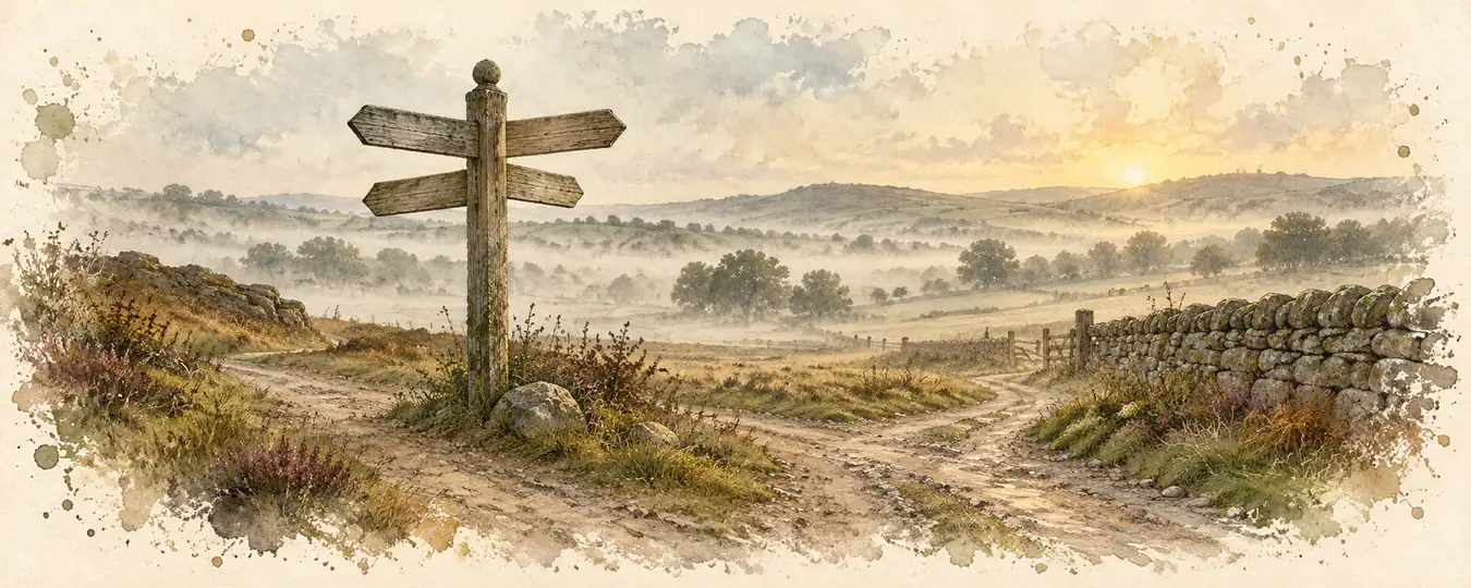 An old wooden fingerpost with blank arms at a misty crossroads beside a dry stone wall