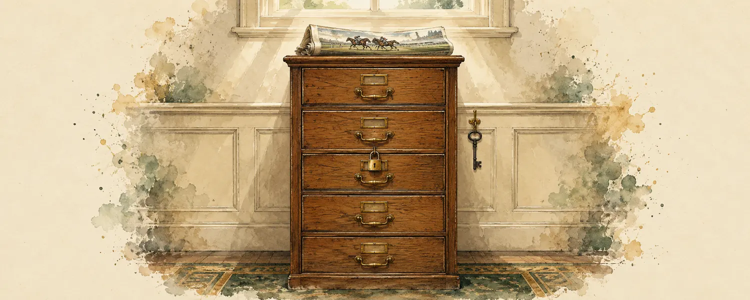 An antique oak filing cabinet with a brass padlock and an iron key hanging beside it