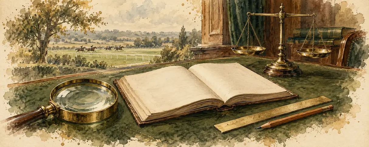 A brass magnifying glass, an open blank ledger, a ruler and balance scales on an olive desk