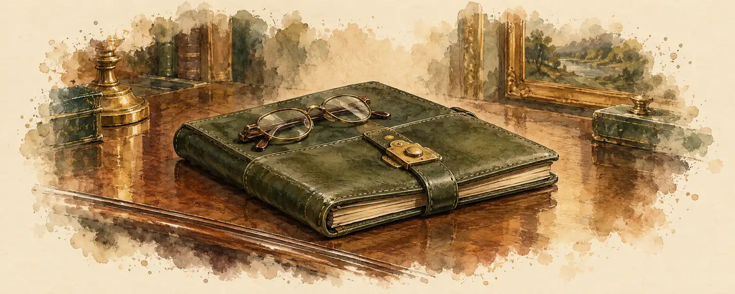 A closed olive leather folio with a brass clasp and folded reading glasses on a polished table