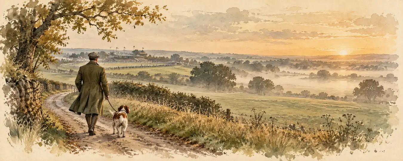 A man walking a spaniel along a country path away from a distant racecourse at dawn