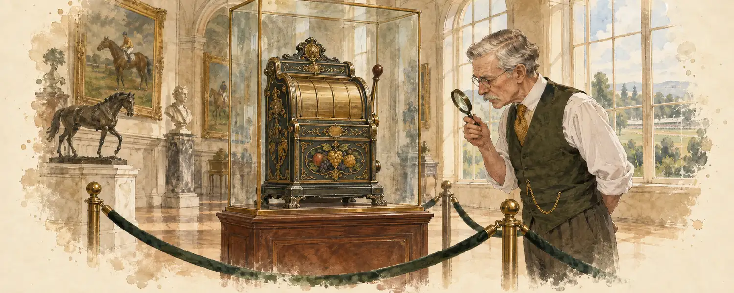 An antique mechanical fruit machine under a glass case in a museum gallery, examined by an archivist