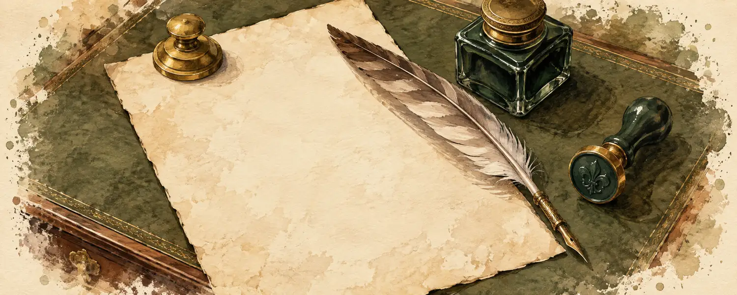 A blank parchment sheet with a quill, an inkwell and a wax seal stamp on a leather desk