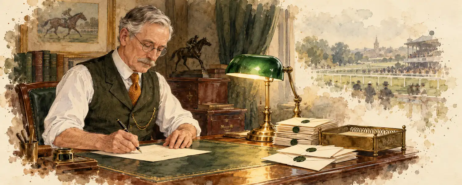 An elderly archivist writing a letter at a mahogany desk beside sealed envelopes and a green lamp
