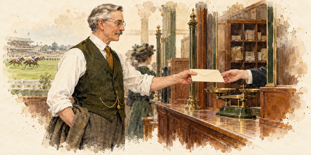 Illustration of a gentleman handing a sealed envelope across a post office counter