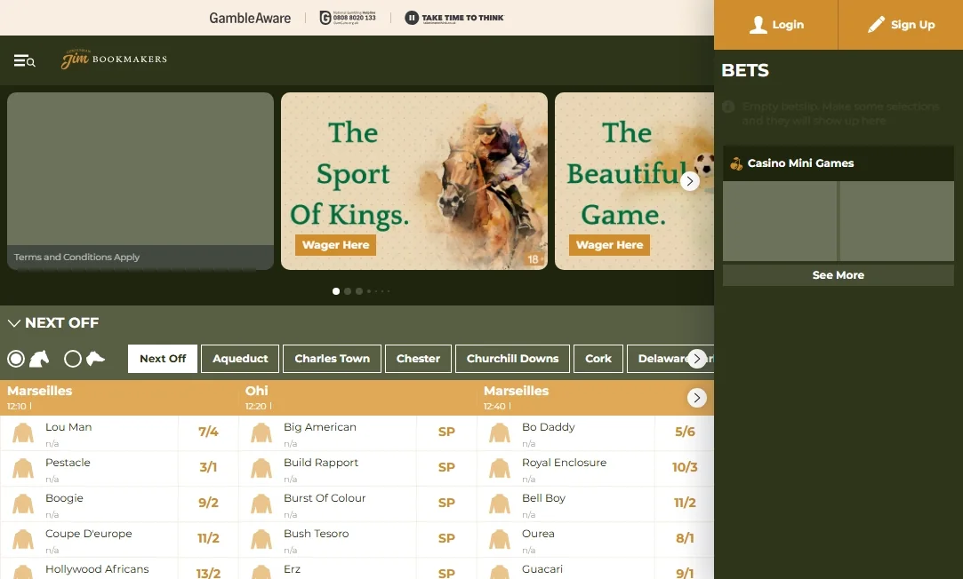Gentleman Jim desktop homepage with racing next-off markets
