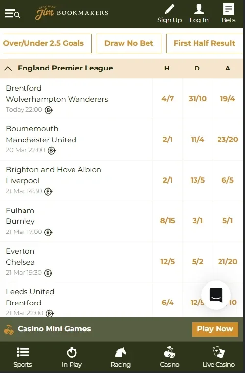 Gentleman Jim mobile browser sportsbook with Premier League odds