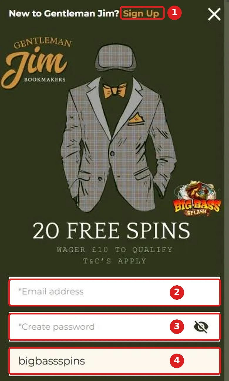 Gentleman Jim sign-up form with the Sign Up link, email, password and promo code fields marked 1 to 4