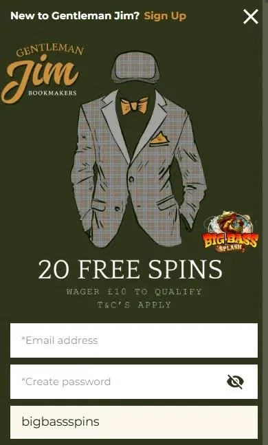 Gentleman Jim sign-up screen offering 20 free spins on Big Bass Splash