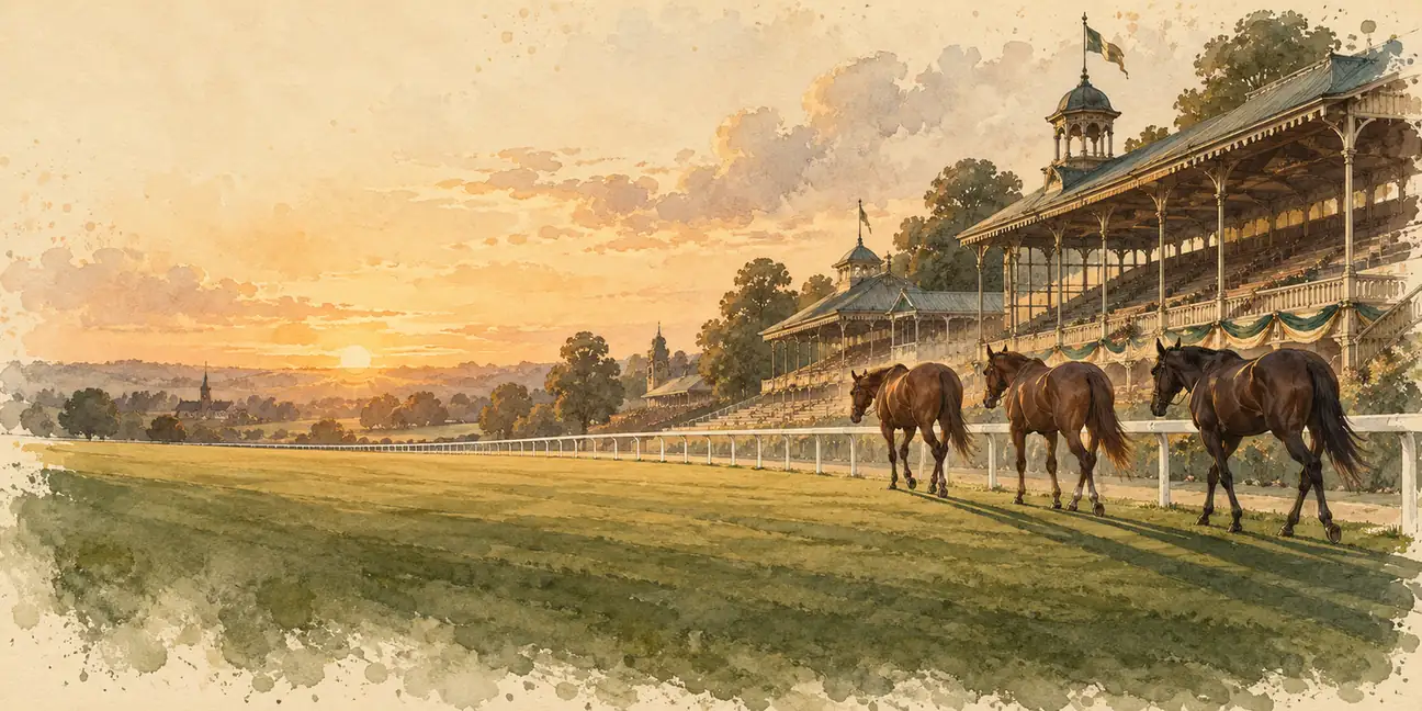 Watercolour of an empty Edwardian racecourse at sunset with horses walking along the rail
